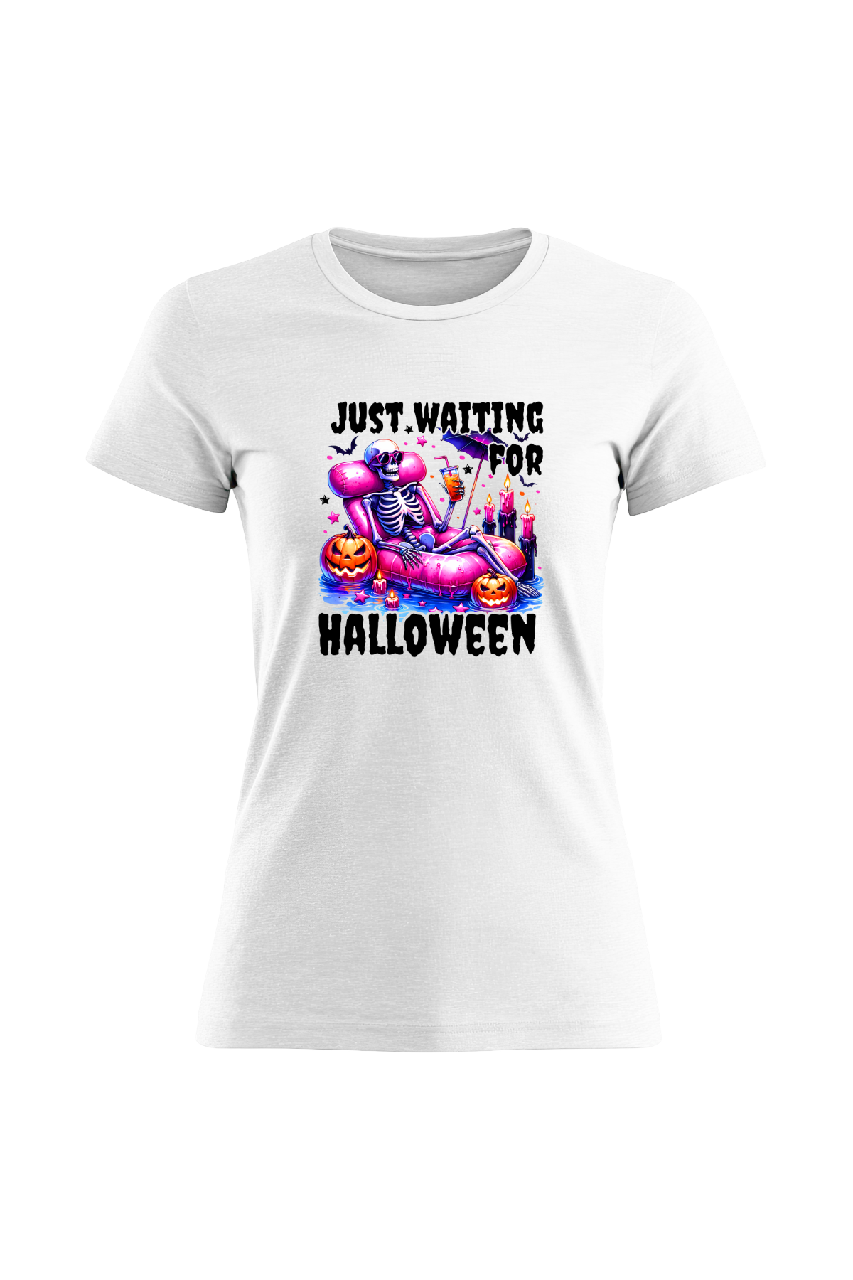 White women's t-shirt with just waiting for Halloween graphic featuring pink skeleton on pool float with pumpkins