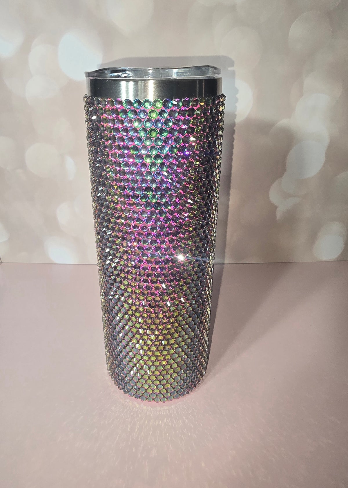 Dark iridescent rhinestone bling tumbler with silver lid