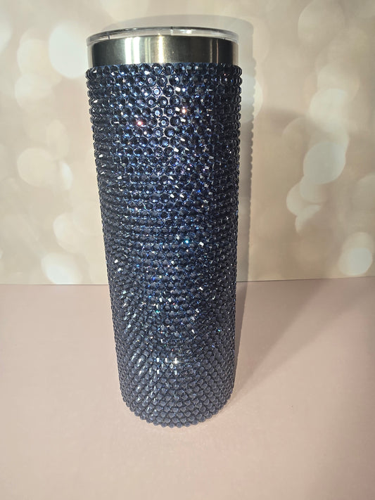 Navy blue rhinestone bling tumbler with silver lid