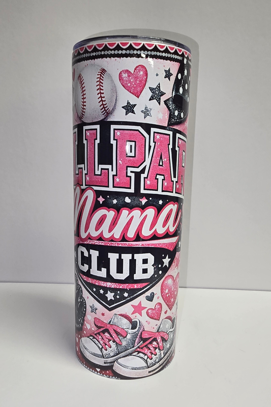 Ballpark Mama Club sublimation tumbler with pink black and white design