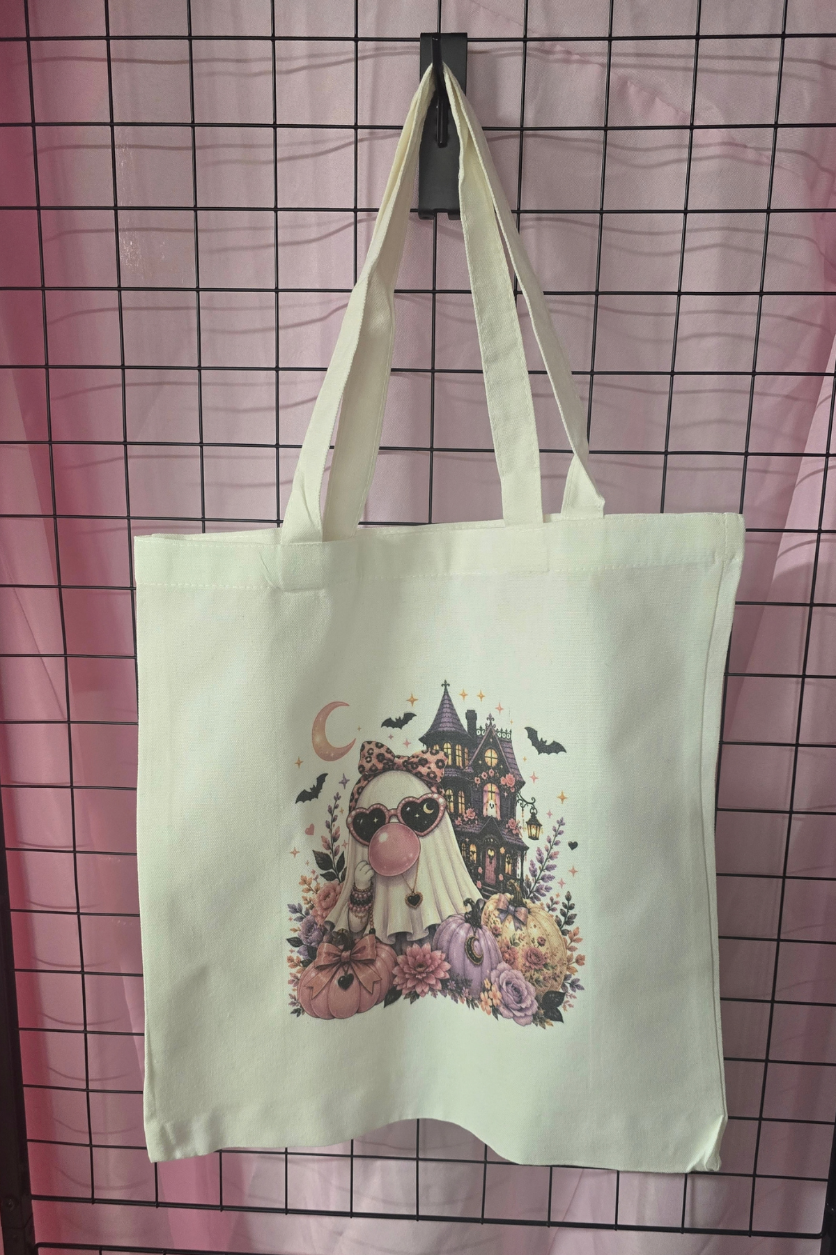 Bubblegum Ghost & Haunted House Halloween Canvas Tote Bag