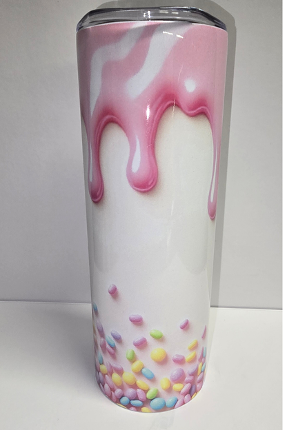 Pink frosting drip and pastel sprinkles birthday cake sublimation tumbler