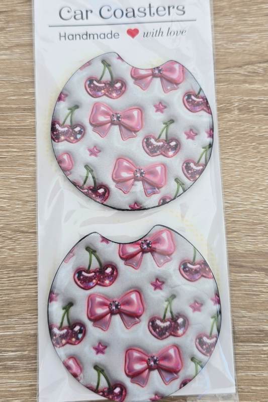 Cherry & Pink Bow Coquette Car Coasters