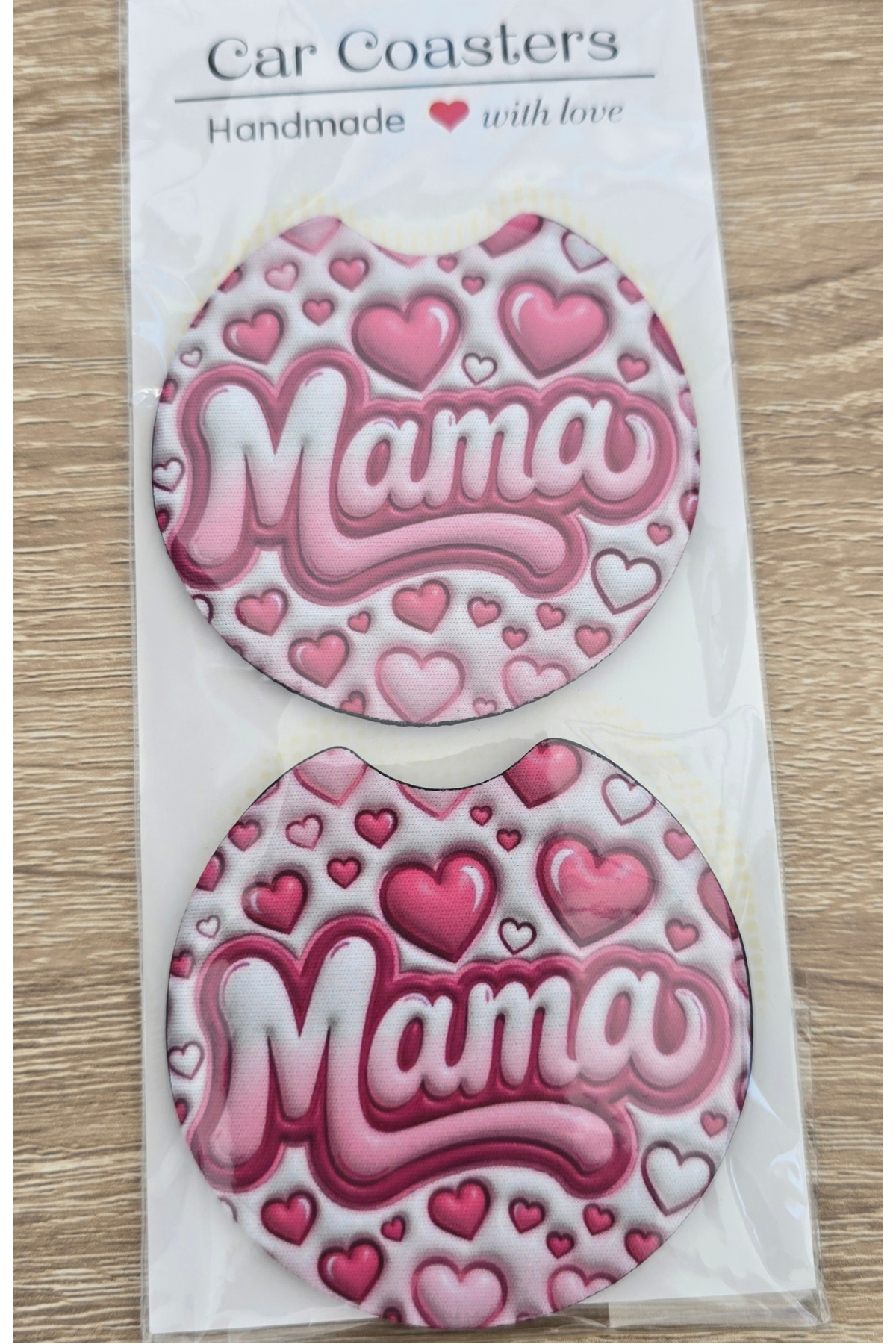 Mama Pink Hearts Handmade Car Coasters