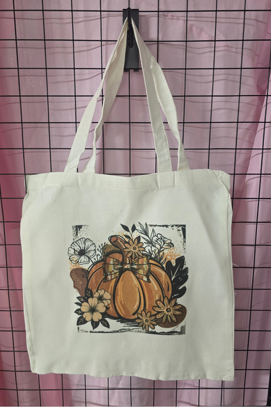 Fall Pumpkin & Plaid Bow Floral Canvas Tote Bag