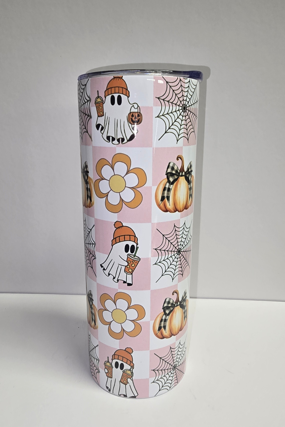 Boho ghost and pumpkin pink checkered Halloween sublimation tumbler