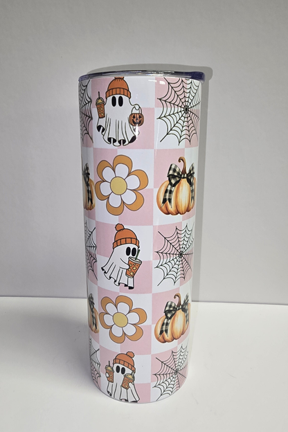 Boho ghost and pumpkin pink checkered Halloween sublimation tumbler