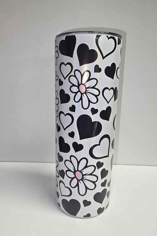Holographic hearts and flowers sublimation tumbler in black white and pink