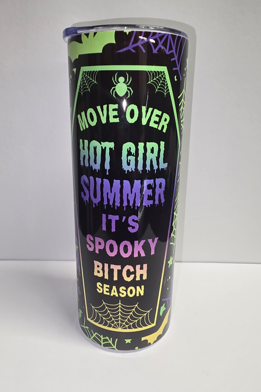 Spooky Bitch Season green holographic Halloween sublimation tumbler with spiderwebs and bats