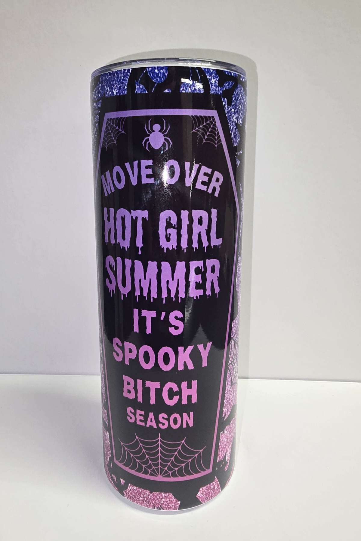 Spooky Bitch Season purple and black Halloween sublimation tumbler with spiderwebs