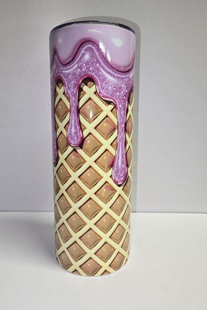 Ice cream waffle cone with purple glitter drip sublimation tumbler