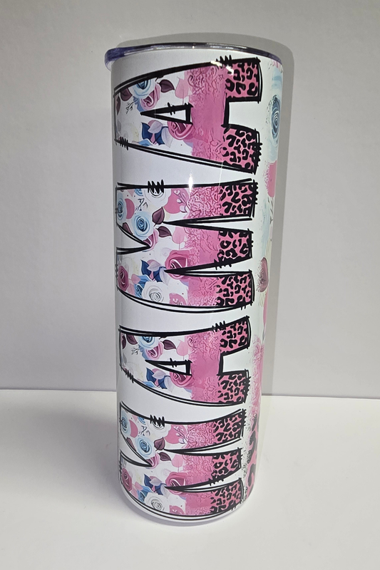 Mama leopard print and floral sublimation tumbler in pink and white