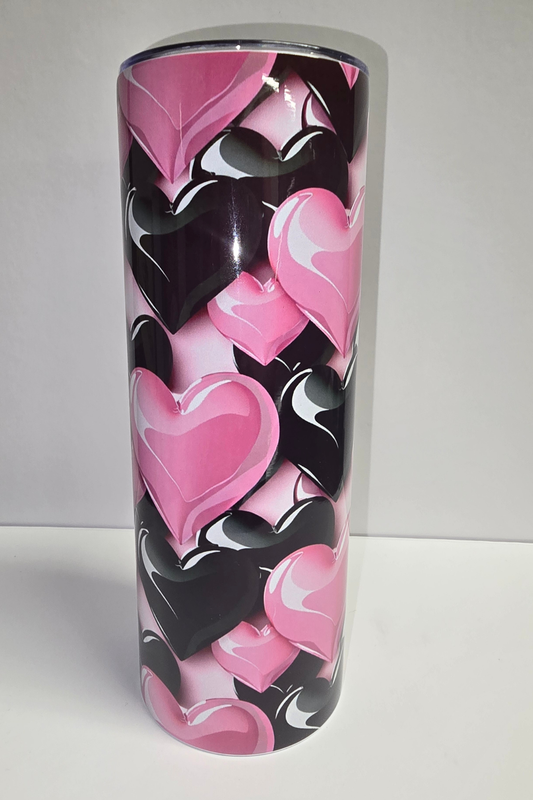 Pink and black 3D hearts sublimation tumbler with glossy finish