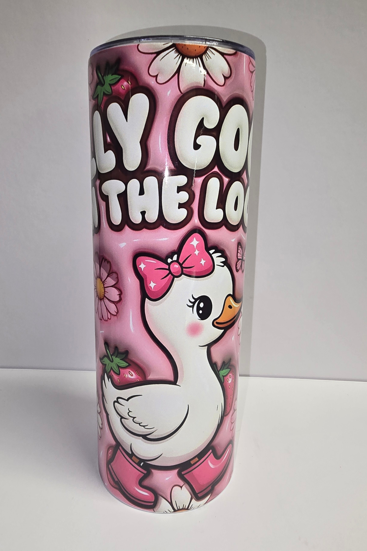 Silly Goose on the Loose pink duck sublimation tumbler with bow daisies and strawberries
