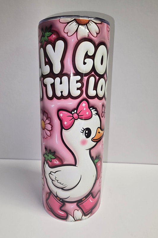 Silly Goose on the Loose pink duck sublimation tumbler with bow daisies and strawberries