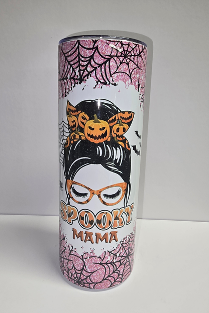 Spooky Mama messy bun Halloween sublimation tumbler on pink glitter background