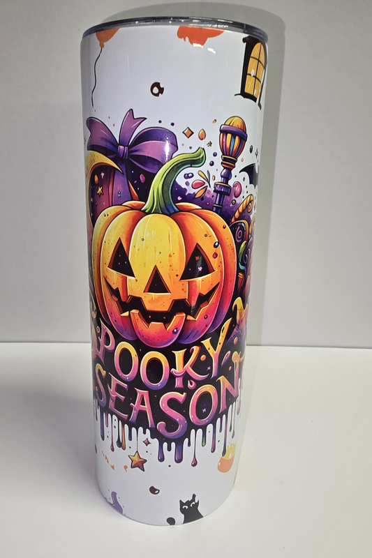 Spooky Season orange pumpkin Halloween sublimation tumbler with purple bow and black cat
