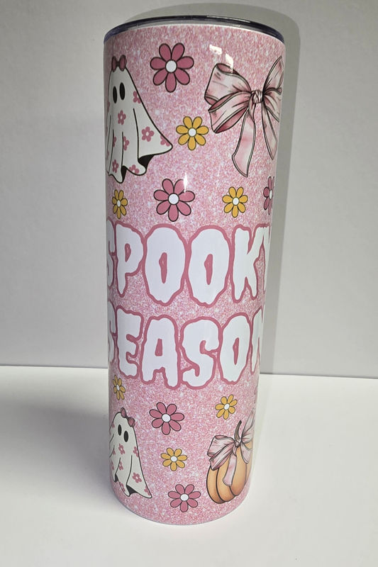 Spooky Season pink glitter Halloween sublimation tumbler with floral ghosts and daisies