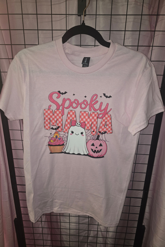 Spooky Mama Pink Gingham Halloween Graphic Tee