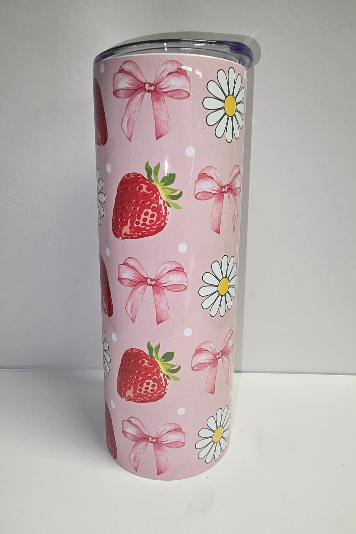 Strawberries bows and daisies pink sublimation tumbler with polka dots