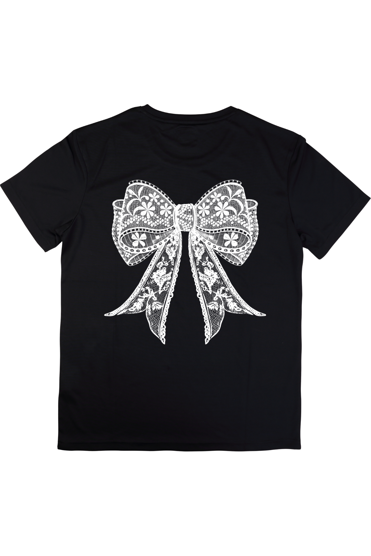 Black unisex t-shirt with intricate white lace bow graphic on the back