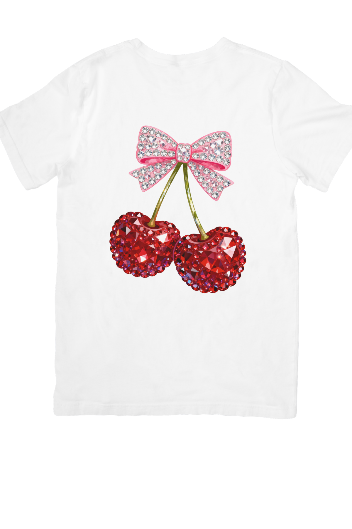 White unisex t-shirt with rhinestone cherry and sparkling pink bow graphic print