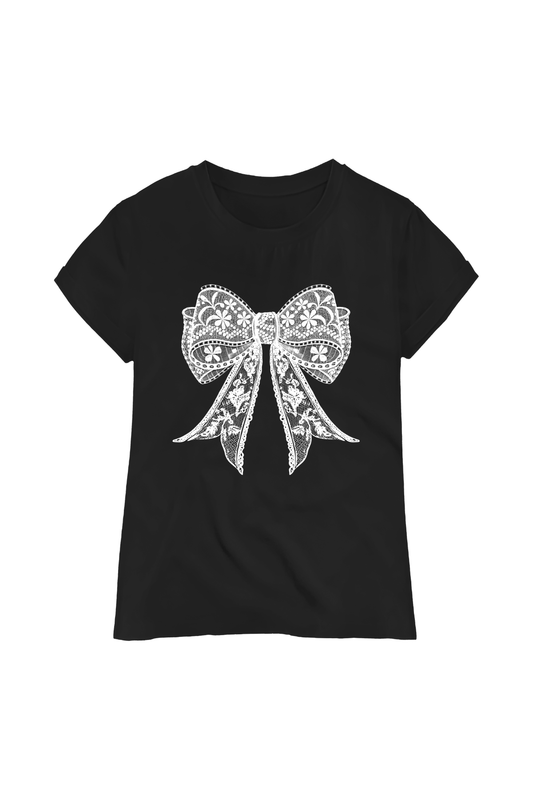 Black women's fitted t-shirt with intricate white lace bow graphic on the front
