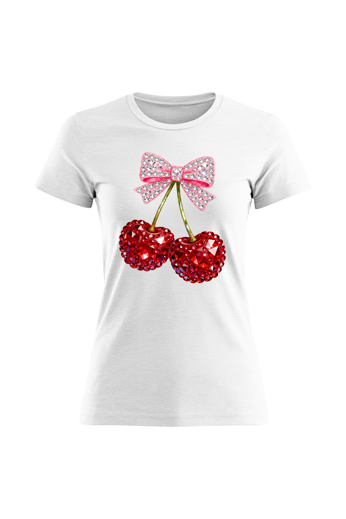 White women's fitted t-shirt with rhinestone cherry and sparkling pink bow graphic print