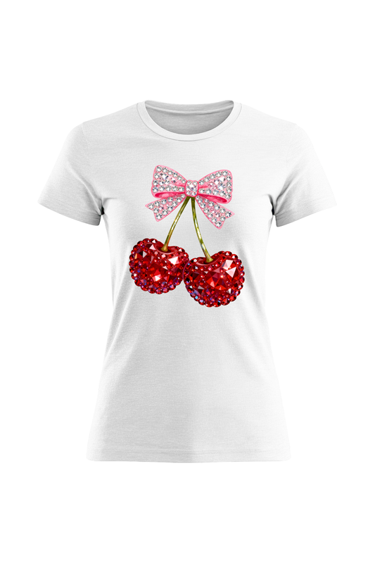 White women's fitted t-shirt with rhinestone cherry and sparkling pink bow graphic print
